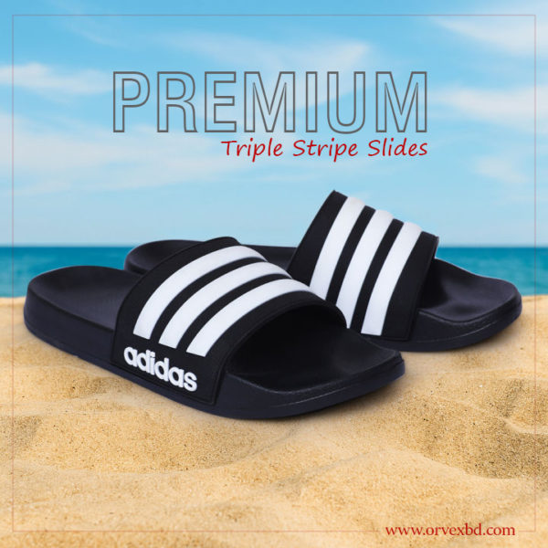 Classic Triple Stripe Slides – Black & White Comfort Fit